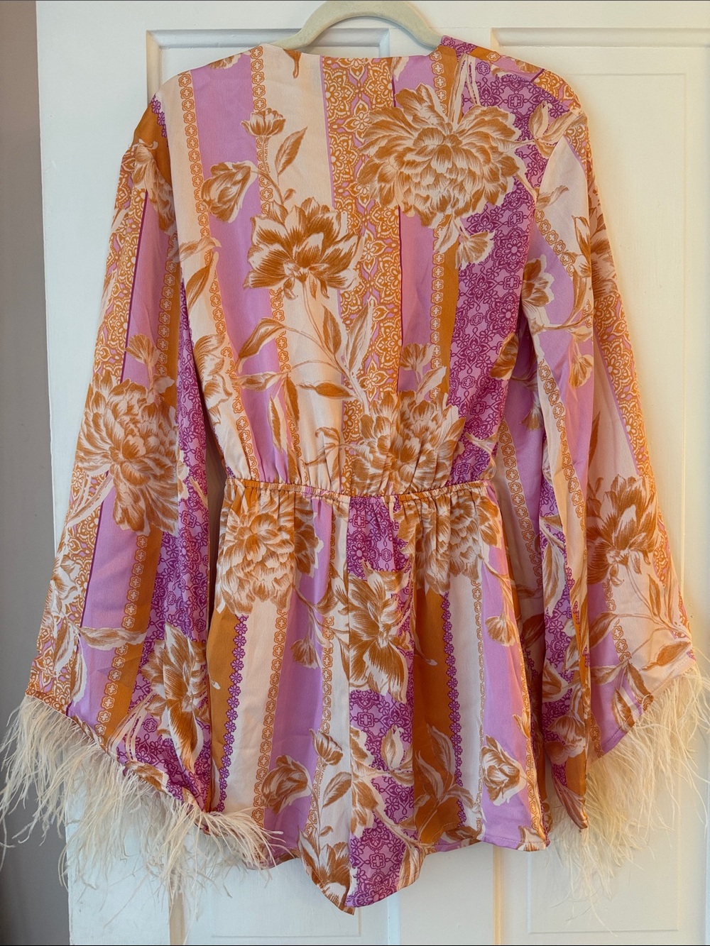 Vici Pink and Lavender Floral Wrap Romper with Feather Trim - Picture 3 of 8